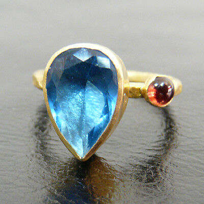 Ancient Handmade Hammered Blue Topaz With Garnet Ring Gold over Sterling Silver