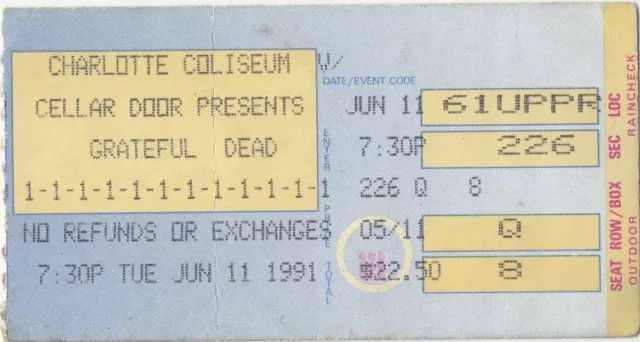 Grateful Dead Ticket 06-11-1991 Charlotte Coliseum Jerry Garcia Bob Weir