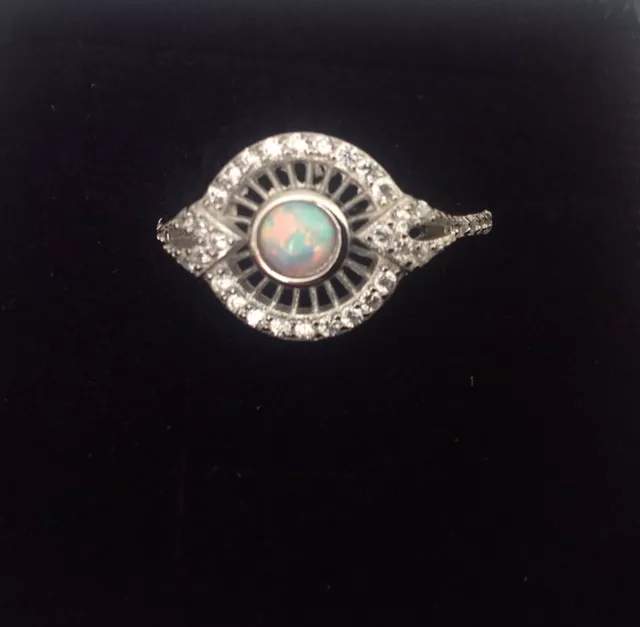 Art Deco Gilson Opal Cz Sterling Silver openwork Ring October Birthstone Size P