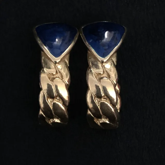 Vintage Signed Trifari Navy Blue Flat Curb Chain Goldtone Pierced Earrings