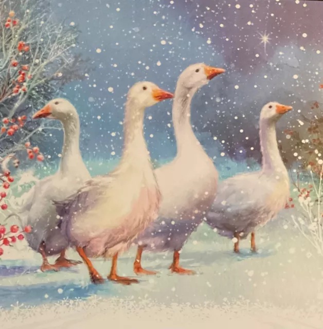 Charity Christmas Card ~ Gaggle Of Geese ~ Snow ~ Star ~ Berries ~ Single Card
