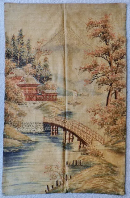 Superb Meiji-era Japanese 44 x 28 Silk Tapestry Wall-Hanging Textile Embroidery