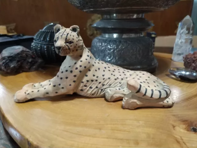 Vintage hand carved wood whittled cheetah big cat figurine