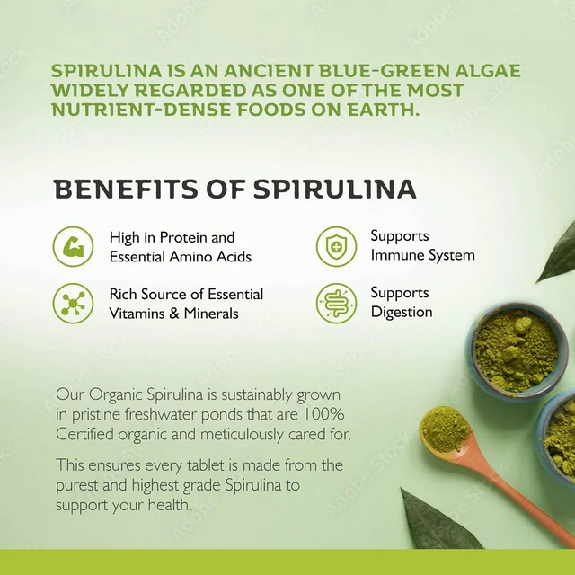 ORGANIC SPIRULINA TABLETS 1000 Easy to Swallow Tablets 100 Pure