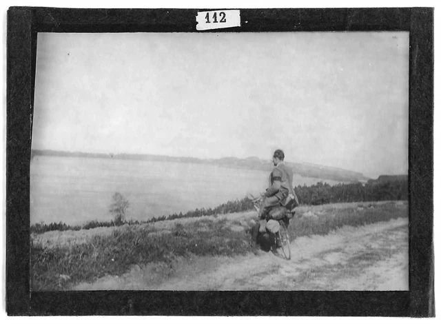 Antique Photo Glass Plate Positive Black & White 6x9cm Bike Lake Men's France