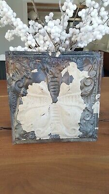 Antique Salvaged Victorian Ornate Chippy Cream Paint Tin Tile