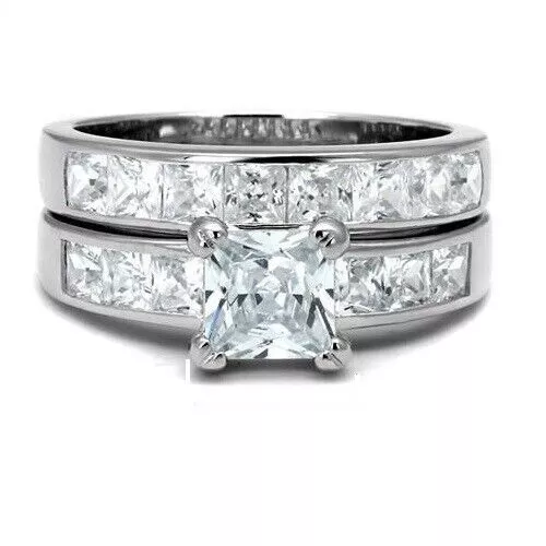 4Ct Princess Cut VVS1/D Simulated Diamond Bridal Set Ring 18K White Gold Plated