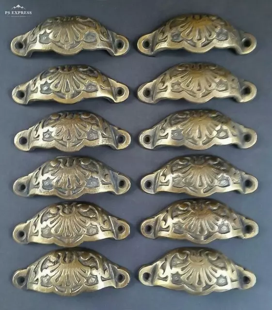 12 Apothecary Drawer Cup Bin Pulls Brass Handles Ant. Vict. Style approx 3" #A2