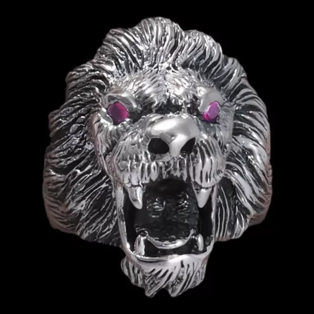 18g HUGE LION TIGER KING RUBY EYE 925 STERLING SOLID SILVER MENS WOMENS RING