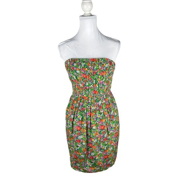 Shoshanna Pleated Strapless Sheath Dress Size 4 Floral Green Purple Pink Orange