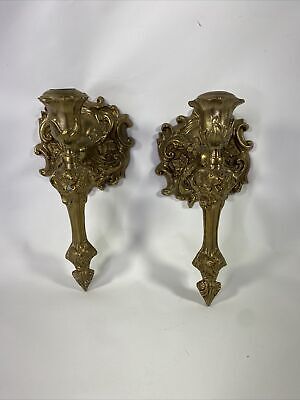 Pair Of Heavy Thick Brass Candle Stick Holders Wall Mount