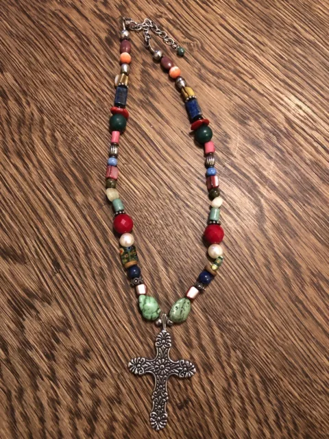 Sterling Silver Turquoise Beaded Multi Colored Stone Cross Necklace Vintage