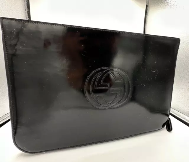 Gucci GG RARE Black Patent Leather Large Clutch/Laptop Case