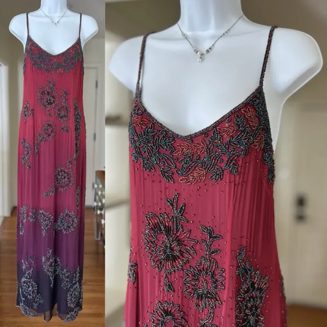 Vintage Beaded Dress Gown Silk Floral Womens Sz 6 Ombre Maxi Goth Evening Formal