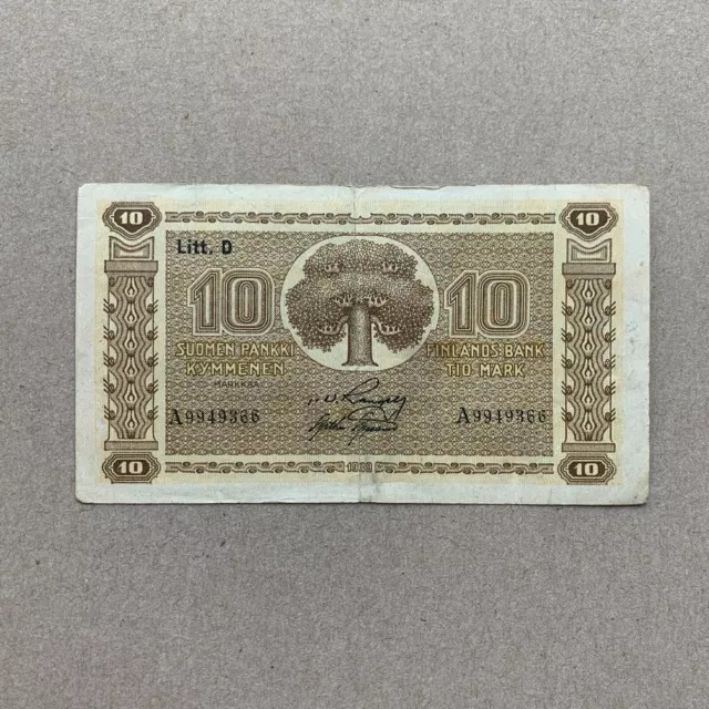 Rare 1939 Finland 10 Markka Banknote Finnish Currency Paper Money Pre WWII WW2