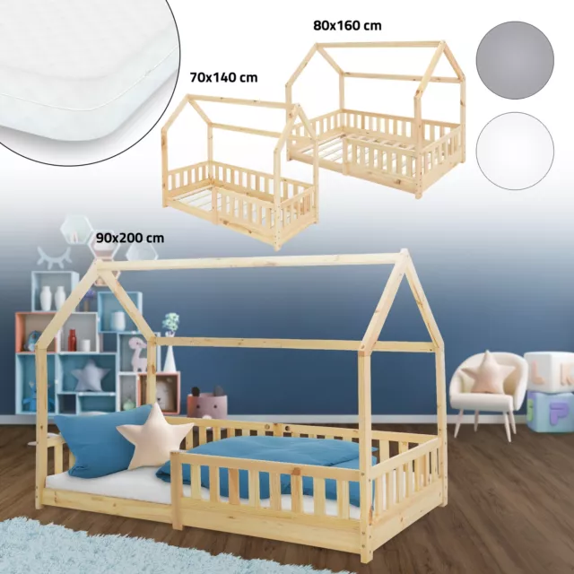 Cama infantil en madera de pino natural/blanco/gris con protección anticaída