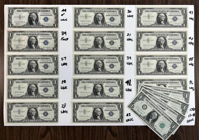 Lot of 14 1935 1957 Silver Certificates and 4 1963 $1 Notes 17 UNC & Sequential!