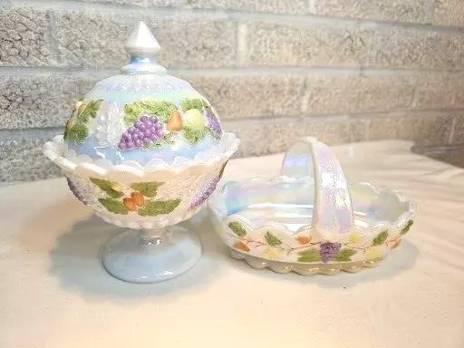Westmoreland Set Milk Glass Della Robbia Covered Candy Dish Colored  Iridescent