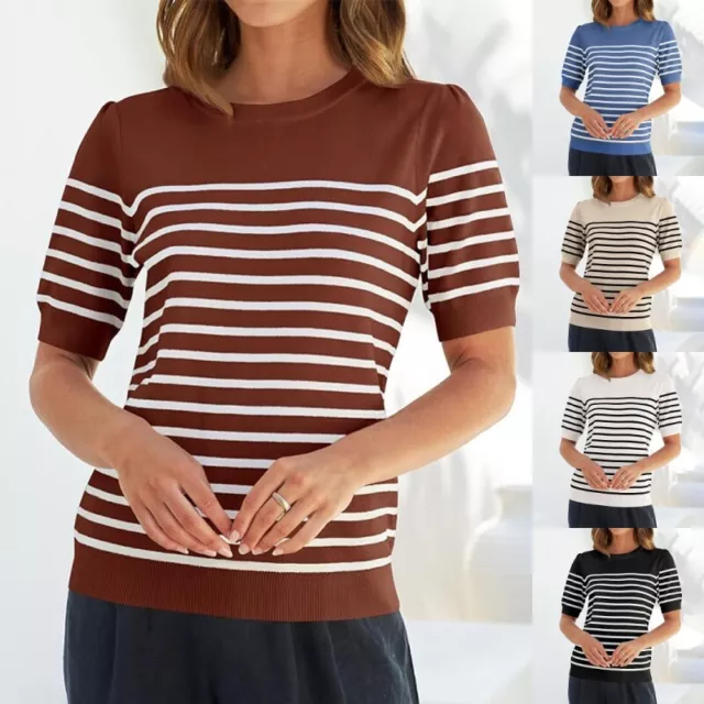 Ladies Summer Tops Short Sleeve T Shirt Women Soft Striped Holiday Tunic Blouse