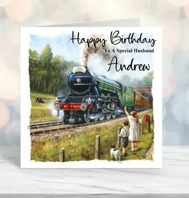 Personalised Birthday Card Flying Scotsman Steam Train Mens Boys Son Husband