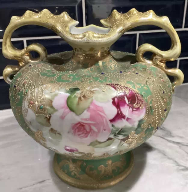 EAntique Nippon Vase Leaf Mark Hand Painted Heavy Moriage Roses 8.5”