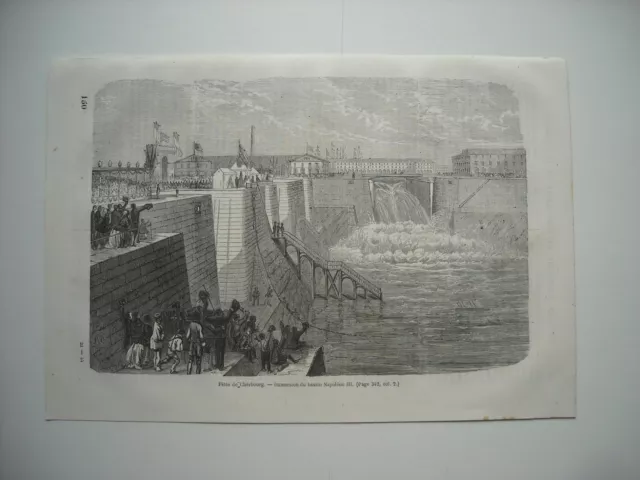 Gravure 1864. Fetes De Cherbourg. Immersion Du Bassin Napoleon Iii.
