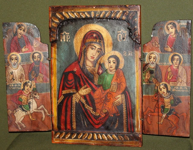 TRIPTYQUE D'ICÔNES ORTHODOXES vintage peintes à la main la Vierge Marie