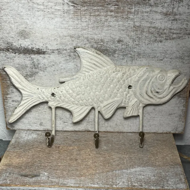 Unbranded Fish Wall Key Holder Cast Iron Coat Hook Rustic White 11.5x6"