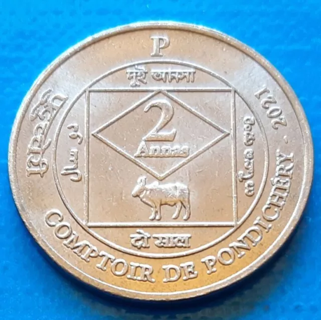 French India Pondichéry 2 Annas 2021 UNC Cow unusual coinage