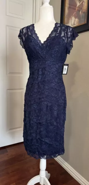 NWT MARINA Women’s Lace Beaded Sequin Flutter-Sleeve Dress Navy Sz 8, MSRP: $129