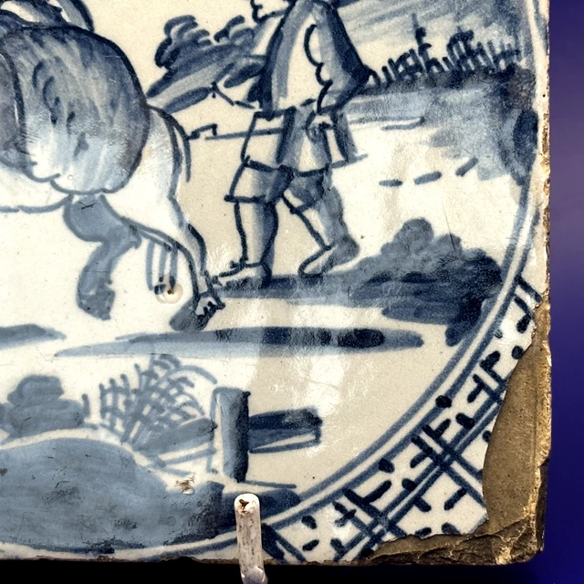 Antique English London Tile With Donkey and Trader 18th Century 2