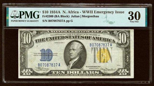 1934A North Africa Silver Certificate $10 Note B/A Block PMG VF30 Fr#2309
