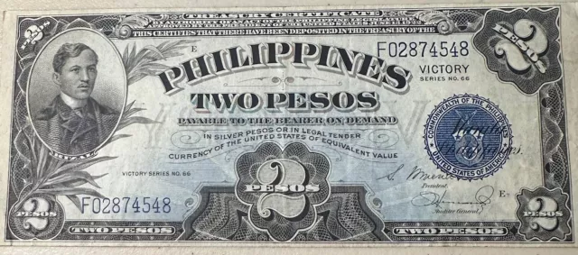 Philippines Two Pesos Victory series 66 Banknote authorized by US Congress 1922
