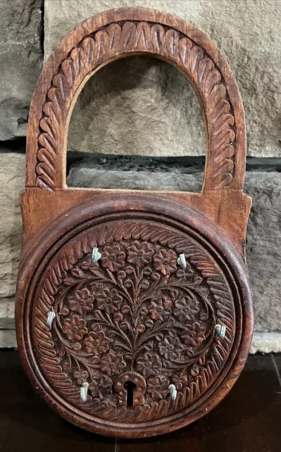 Vintage Carved Wooden Lock Key Holder Wall Decor