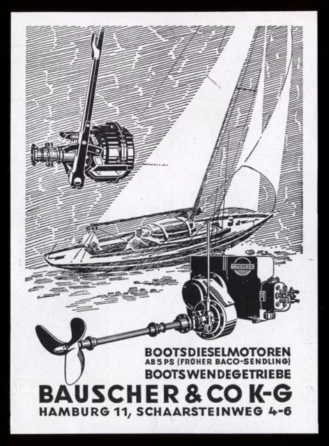 Alte Werbung 1950 Bootsdieselmotoren Bootswendegetriebe Bauscher & Co. Hamburg