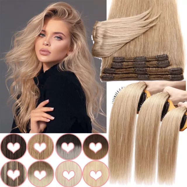 THICK Clip in 100% Remy Human Hair Extensions Double Weft 8 PIECES Full Head US