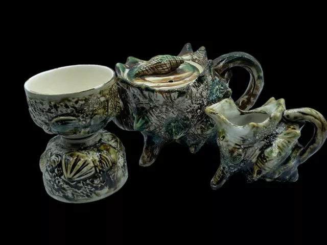 Conch Sea Shell Tea Cups Creamer  & Teapot Set Majolica Green Pottery 1950’s Odd