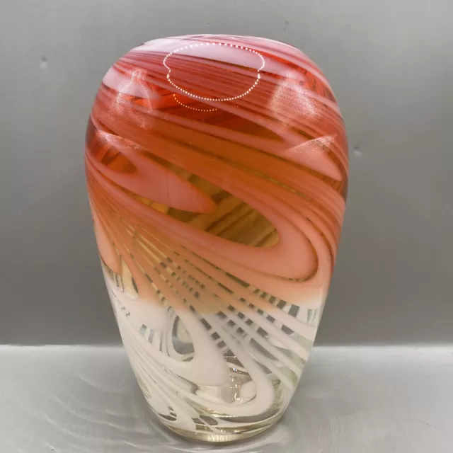 Vtg Murano Style Art Glass Red & White Encased Feathered Design Vase 8' Tall