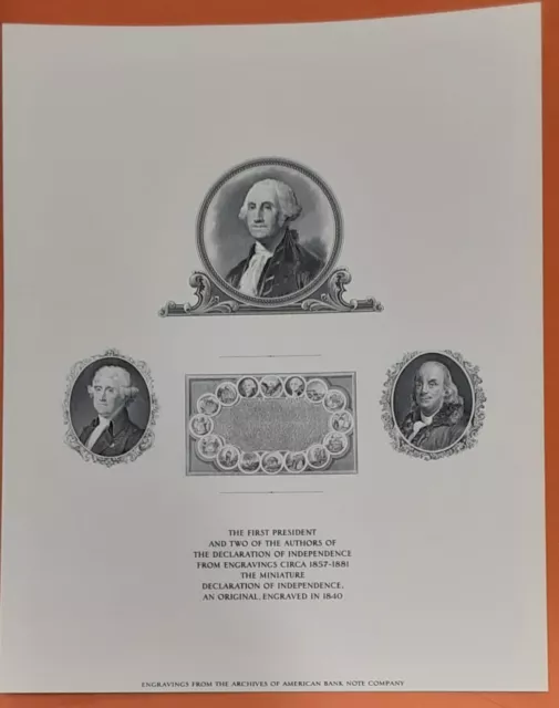 ABNC Card Engraving of 1st President & 2 Authors of Declaration of Independence