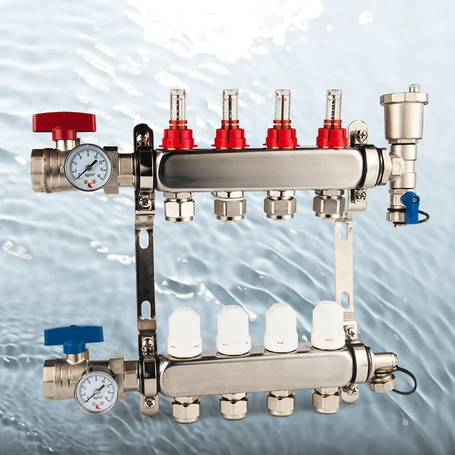 4 Branch Radiant Floor Heating Manifold Stainless Steel For Hydronic PEX 1/2 in
