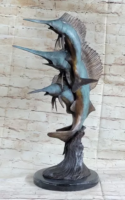 Signée Édition Limitée Bronze 3 Espadon Voilier Marlin Marin Poisson Statue