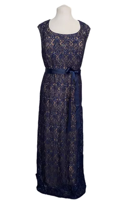 R&M Richards, Women’s 16 W Navy Lace Sleeveless, Sequin Maxi Dress Scoopneck