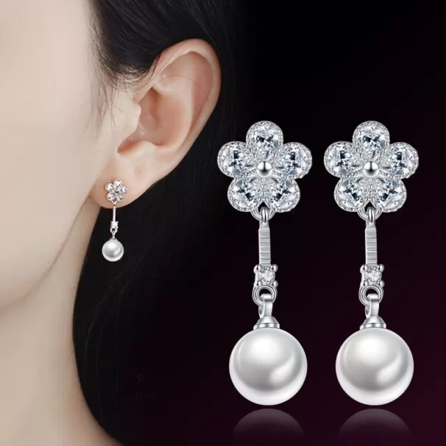 925 Sterling Silver Crystal Flower Pearl Drop Stud Earrings Jewellery Women Gift