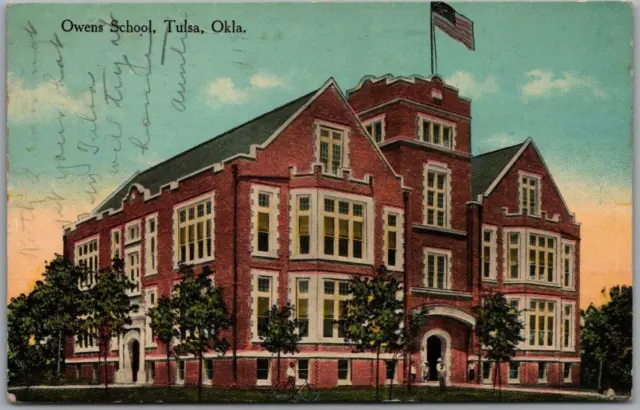 Tulsa, Oklahoma Postcard OWENS SCHOOL Building / Street View / 1915 OK Cancel
