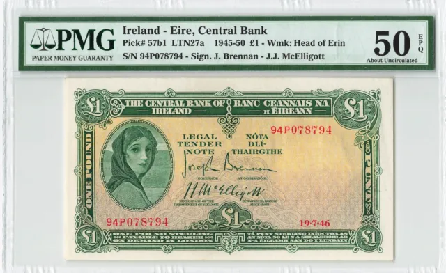 IRELAND 1 Pound 1946, P-57b1 (19-7-46), PMG 50 EPQ About UNC, Rare Date / Grade