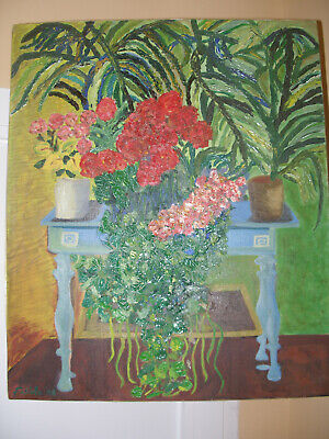 PRECIOSO cuadro pintado al oleo con testuras mesa con flores medidas  46X55 cm