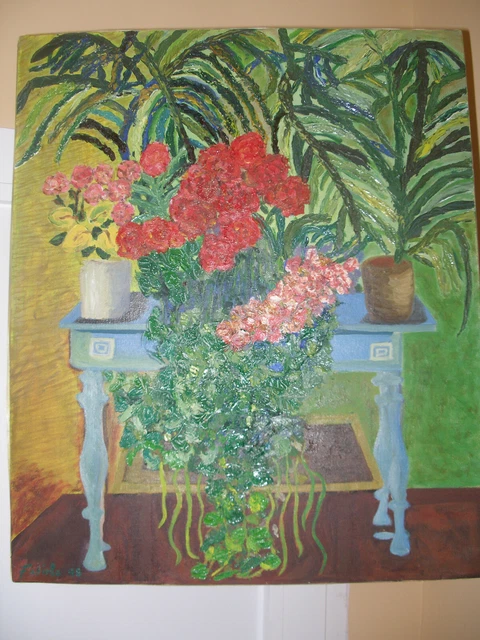 PRECIOSO cuadro pintado al oleo con testuras mesa con flores medidas  46X55 cm