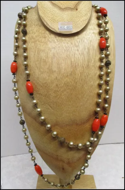 Very Odd Vintage Orange and Faux Pearl 15" Drop Necklace