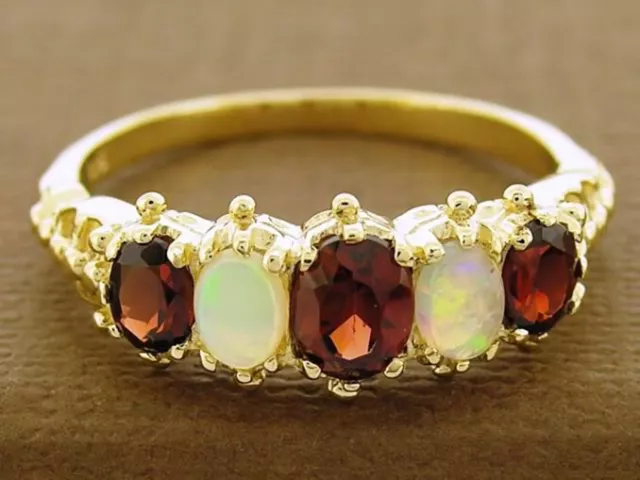 R128 Genuine 9K Solid Gold Natural Garnet & Opal 5-Stone Bridge Eternity Ring