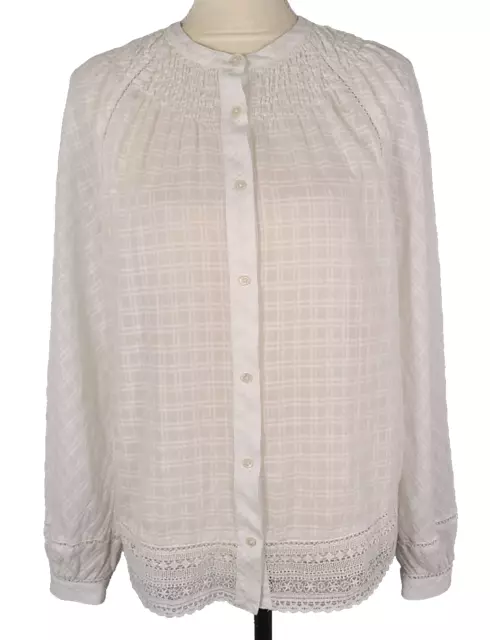 Point Sur 100% Cotton White Long Sleeve Button Front Sheer Crochet Blouse Small